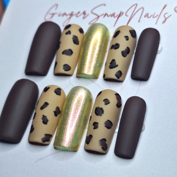 Press On Nails 10pc Long Square Size Small Matte Leopard Print NWT Hand Crafted - Picture 3 of 7